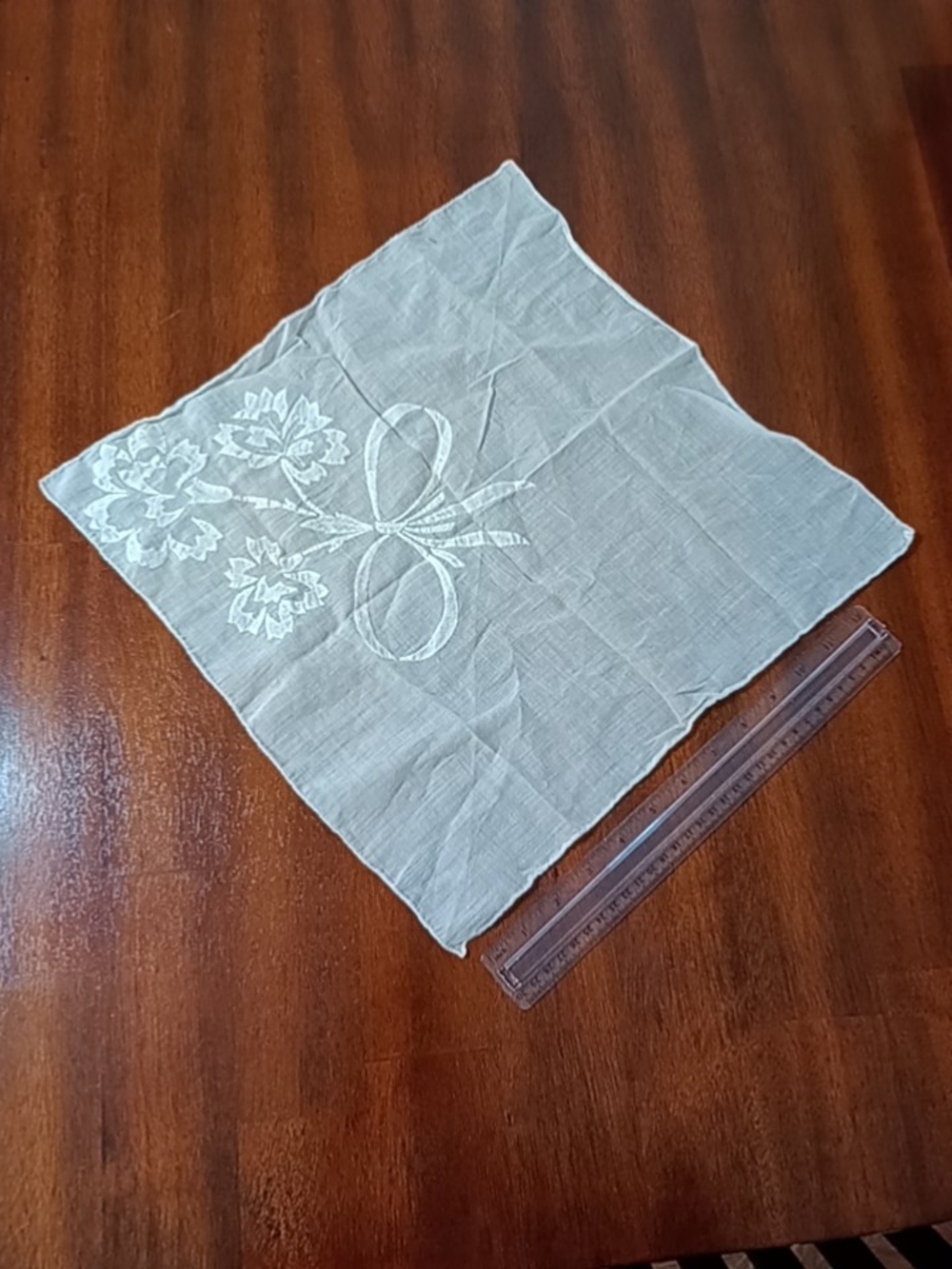 White Embroidered Linen Napkin with Floral Bow Detail